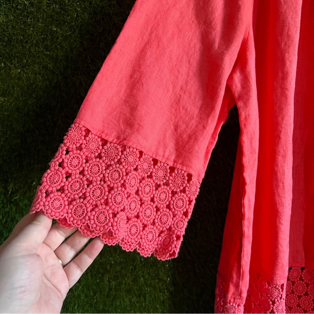 Linen Charter Club Luxury Coral Embroidered Sleeve Hem Neck Smocked Top - Picture 4 of 6